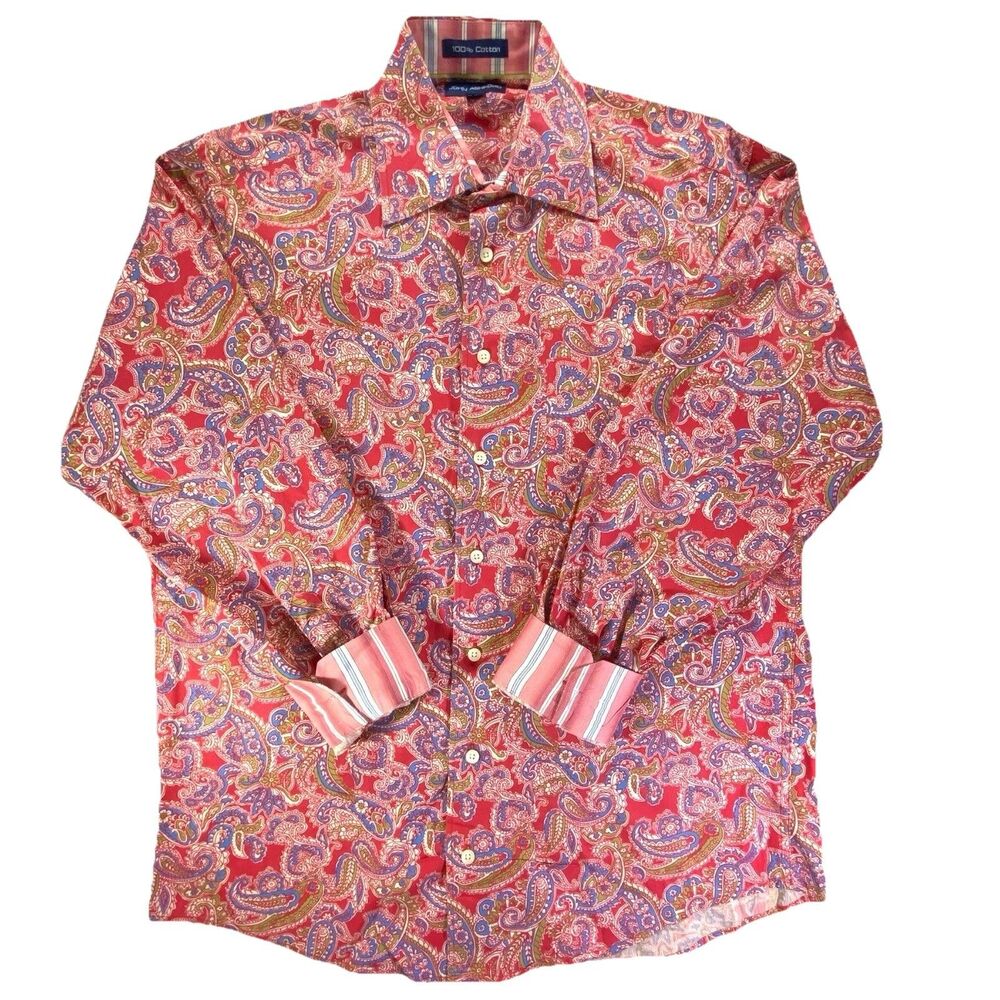 John Ashford Mens M Shirt Red Pink Paisley 100% Cotton Long Sleeve Flip Cuff